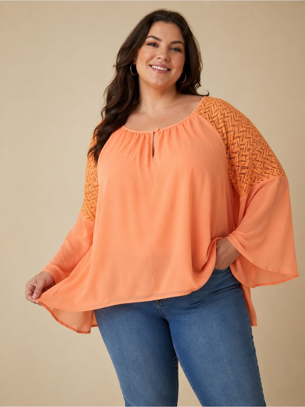 Cato Woman NWT Plus Size Boho Crochet Bell Sleeve Tunic Blouse 22/24W Peasant